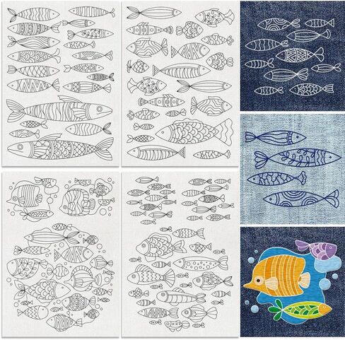 30Pcs Fish Water Soluble Hand Sewing Stabilizers, 8.3"x11.7" Sea Animal Minimalist Embroidery Pattern Stabilizer, 4 Sheets Line Fish Stick and Stitch Embroidery Paper Sticker in Saudi Arabia