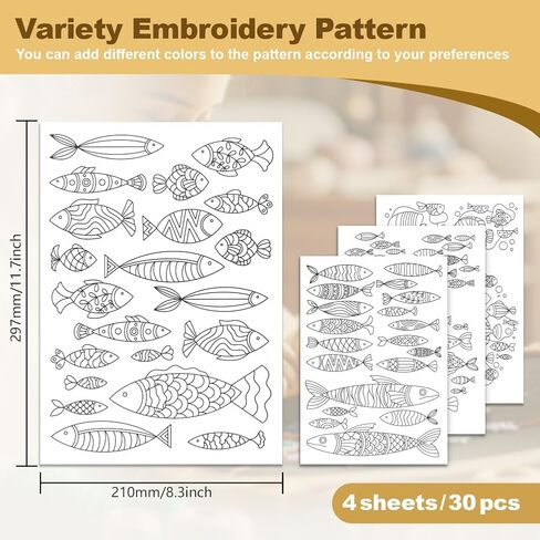 30Pcs Fish Water Soluble Hand Sewing Stabilizers, 8.3"x11.7" Sea Animal Minimalist Embroidery Pattern Stabilizer, 4 Sheets Line Fish Stick and Stitch Embroidery Paper Sticker in Saudi Arabia