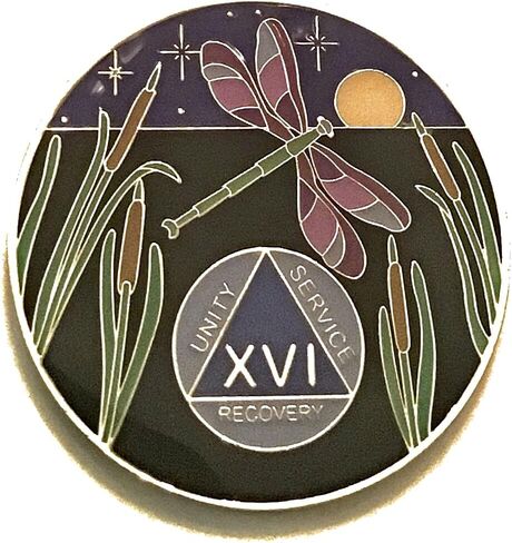 Recovery Line 16 Year The Dragonfly Promises AA Medallion Alcoholics Anonymous Chip, Token, Coin, Purple in Saudi Arabia