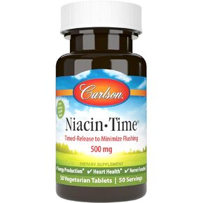 Carlson - Niacin - Time, Time-Release Niacin 500 mg, Energy Production, Heart Health & Nerve Function, 250 Tablets