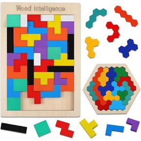 LOOIKOOS 2 Pack Wooden Brain Teasers Toy Blocks Puzzle Games for Kids & Adults Tangram Jigsaw Intelligence Russian Blocks Game Hexagon Puzzles STEM Montessori Toys Educational Toy Gift for Kids