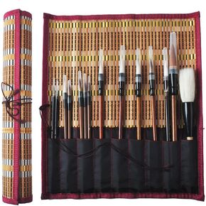 YOUUGIOR 14 Pieces Chinese Calligraphy Brushes + 1 Roll-up Brush Holder Set for Japanese Chinese Sumi Painting Drawing Kanji Art Watercolor