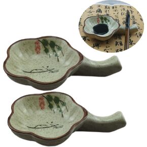2 Pcs Multifunctional Inkwell Dish Porcelain Handmade Ink Well Inkstone with Brush Holder for Chinese Japanese Calligraphy Painting Practice