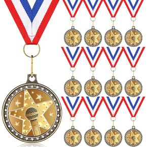 Loetere 12 Pcs Microphone Medals with Neck Ribbons 1.97 Inches Microphone Music Award Trophy for Singing Karaoke Lip Synching Talent Show