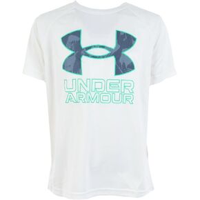 Under Armour Boys' Tech Big Logo Short Sleeve T Shirt, (102) White / / Vapor Green, Youth Medium