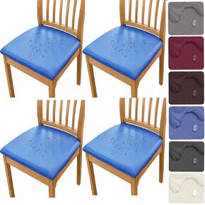 HFCNMY Seat Covers for Dining Chairs, Stretch Waterproof PU Dining Chair Seat Covers Set of 4, Removable Dining Room Chair Seat Covers Washable Kitchen Chair Seat Covers with Elastic Bands (Beige)