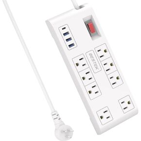 BESTEK 4000 Joules Surge Protector مع USB، 6 أقدام تمديد سلك الطاقة مع 8 منافذ تيار متردد 15A 1875W، 5V 4.2A 4 منافذ شحن USB محطة شحن سطح المكتب، منفذ واسع متباعد للقابس الكبير، أسود