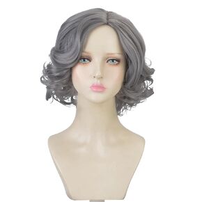 Aeilene Grey Wig for Women, Grandma Silver Gray Short Curly Old Lady Synthetic Wigs with Glasses, Eyeglass Retainer Chain,Pearl Necklace for Daily Cosplay Party Halloween Costume (5 Pieces)