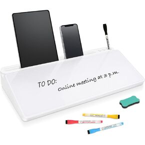 DOLLAR BOSS Glass Desk Whiteboard Small Dry Erase Board Desktop White Board with Storage Drawer Computer Keyboard Stand Desk Organizer Office Accessories School Supplies with 4 Markers 1 Eraser, White