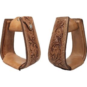 CHALLENGER Horse Saddle Stirrups Horse Western 5" Wide Saddle Floral Tooled Tan Leather Covered Stirrups 51173NT
