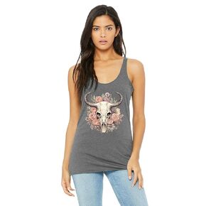 "Wild West Blossom" Women's Gray Triblend Tank Top - Steer Skull & Floral Wreath Graphic (XXL)