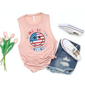 Patriotic "Merica Vibes Tank, Happy 4th of July Tank Top, Peach Happy Tank Top, Novelty Muscle Tank, Patriotic Tank, Top. (XXL)