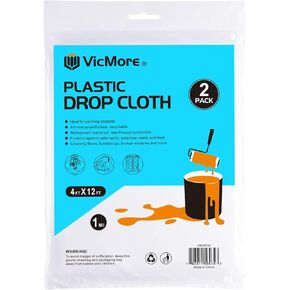 قماش قطرة من البلاستيك شديد التحمل من VICMORE مقاس 9 × 12 قدم - 3 مل قماش متين للرسامين، غطاء طلاء مقاوم للماء وشفاف