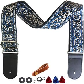 Guitar Strap Embroidered Weave Flower Adjustable Shoulder Strap with 2Strap Lock Button 3Picks Headstock Strap Tie for Acoustic Electric Bass(Black+Yellow)