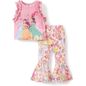 Disney Princess Girls Summer Outfits Girls Bell Bottom Pants Ruffles Sleeveless Tank Top Floral/Starry Flare Pants Suit in Saudi Arabia