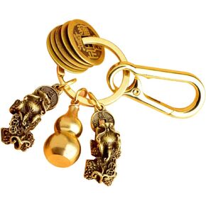 NUOBESTY Wu Lou Key Chain Chinese Gourd Keychain with Feng Shui Coins Brass Fengshui Key Ring for Wealth Fortune Health Good Luck Without Cinnabar Golden
