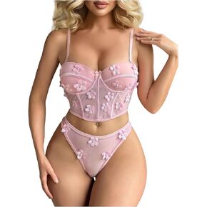 Verdusa Women's Applique Mesh Underwire Bra and Panty 2 Piece Lingerie Set