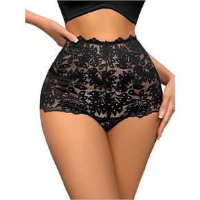 OYOANGLE Women's Floral Lace High Waist Panties See Through Lingerie Thong Bottoms