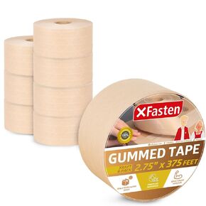 شريط ورق XFasten Gummed مع دعم من الألياف الزجاجية المقواة، 2.75 بوصة × 375 قدم، حزمة من 8 أشرطة كرافت منشطة بالماء | شريط ورقي بني للختم، شريط ورق كرافت عالي التحمل لصناديق التعبئة