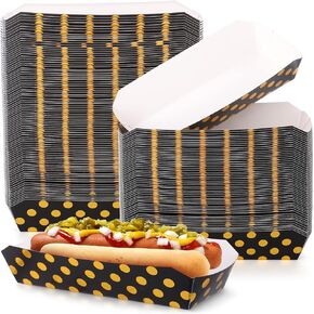 Colarr 150 Pcs 2 Lb Gold Dots Paper Hot Dog Trays 7 Inch Disposable Black Food Trays Food Paper Boats Hot Dog Holders Oil Resistant Fast Food Cardboard Boat Baskets for Parties Picnics
