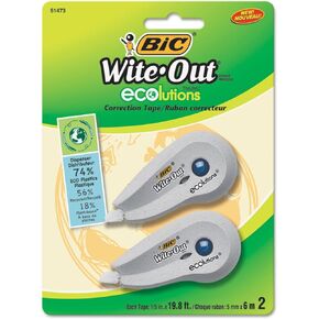 BIC WOETP21 Wite-Out Ecolutions Mini Correction Tape, White, 1/5-Inch x 235-Inch, 2/Pack
