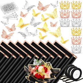 Motipuns 248 Pcs Flower Bouquet Accessories Include 100 Sheets Floral Paper 9 Pcs Mini Crowns 36 Pcs Butterfly 100 Pcs Pins 3 Pcs Ribbons for DIY Bouquets Birthday Wedding Party (Black)