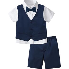 A&J DESIGN Boys Short Suit Set 3 Pieces Kids Formal Gentleman Outfit, 4-11 Years, Shirt + Vest + Shorts + Bow Tie