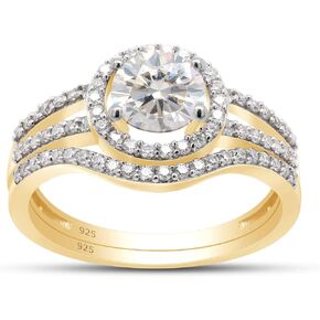 SAVEARTH DIAMONDS 1 Carat Center 6MM Round Cut Lab Created Moissanite Diamond Halo Split Shank Bridal Set Engagement Ring In 14K Gold Over Sterling Silver (G-H Color, VVS1 Clarity, 1 Cttw)