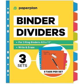 3 Ring Binder Dividers with Tabs - 8 Tab Dividers for 3 Ring Binder - Plastic Dividers for 3 Ring Binder (Plastic, 8-Tab, 3-Set) - Tabs for Binders - Binder Tabs Dividers - Tabs for Notebooks in Kuwait