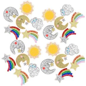 24 Pack Glitter Felt Applique Kits Moon Sun Shooting Star Cloud Felt Patches Sheets for Patchwork Hair Accessories Scrapbooking Cake Topper Gift Wrapping Embellishments Decorations