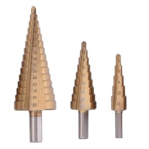 Step Drill Bit Set HSS 3PCS with Titanium Coated Double Cutting Blades Spiral Quick Change for Multiple Hole Sheet Metal,Plastic,Aluminum,DIY Woodworking(Metric 4-12mm/4-20mm/4-32mm)