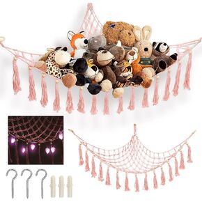 Northbend Stuffed animal net hammock for Plushie Toys - Corner Hanging stuffed animal storage | Plushie net hammock for stuffed animals with pink heart night lights | Toy Organization