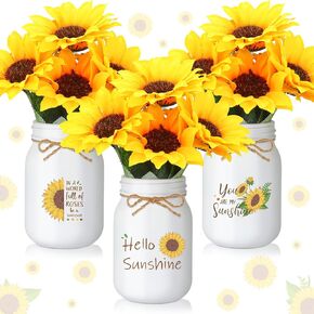 Ziliny Artificial Sunflower Decor Set of 3, Home Farmhouse Sunflower Mason Jar Decor with 3 Bundle Artificial Sunflower Kitchen Tiered Tray Decorations for Dining Table Centerpiece Summer Decorations