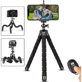Phone Tripod,Portable and Flexible Adjustable Cell Phone Stand Holder with Remote and Universal Clip for iPhone Android Phone Compact Digital Camera Sports Camera Black