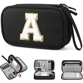 Travel Cord Organizer, Electronic Organizer, Travel Cable Organizer with Gold Chenille Letter Patch, Portable Waterproof Double Layers Tech Organizer for Cable, Cord, Charger, Phone, Earphone A