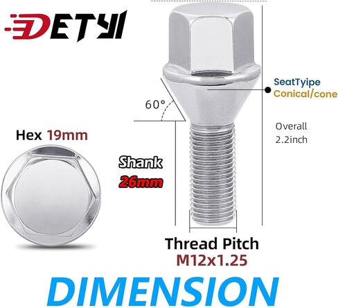 DETYI 20 قطعة M12x1.25 مسامير عروة العجلات، 19 مم سداسية 26 مم متوافقة مع 2014-2021 جيب شيروكي 2017-2021 جيب كومباس 2015-2022 رينيجيد 2012-2016 دودج دارت استبدال 6511051AA in Kuwait