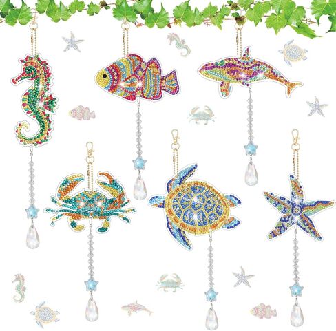 XLSXEXCL 6pcs Diamond Art Painting Wind Chimes, Art Suncatcher, Double Sided Ocean Animal Diamond Art Painting Kits with Crystal Pendant Hanging Ornament for Adults Kids Home Window D in Saudi Arabia