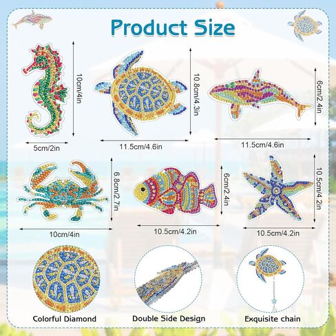 XLSXEXCL 6pcs Diamond Art Painting Wind Chimes, Art Suncatcher, Double Sided Ocean Animal Diamond Art Painting Kits with Crystal Pendant Hanging Ornament for Adults Kids Home Window D in Saudi Arabia