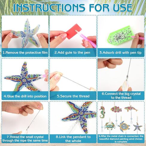 XLSXEXCL 6pcs Diamond Art Painting Wind Chimes, Art Suncatcher, Double Sided Ocean Animal Diamond Art Painting Kits with Crystal Pendant Hanging Ornament for Adults Kids Home Window D in Saudi Arabia