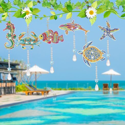 XLSXEXCL 6pcs Diamond Art Painting Wind Chimes, Art Suncatcher, Double Sided Ocean Animal Diamond Art Painting Kits with Crystal Pendant Hanging Ornament for Adults Kids Home Window D in Saudi Arabia