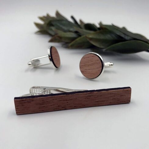 Men's Mahogany Wood Cufflinks and Tie Clip Set in Saudi Arabia