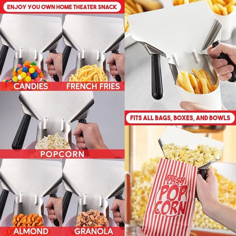 مغرفة الفشار المصنوعة من الفولاذ المقاوم للصدأ التجارية الفرنسية المقلية، مغرفة خدمة طعام قابلة للفصل بمقبضين للوجبات الخفيفة والحلويات والثلج والسلع الجافة مع حزمة حاويات الفشار القابلة لإعادة الاستخدام in Kuwait