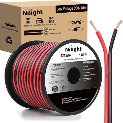 Nilight 100FT 18AWG Copper Clad Aluminum Wire 18/2 Gauge Red Black CCA Electrical Cable 2 Conductor Parallel 12V/24V DC Flexible Extension Cords for Car Audio Radio Speaker Amplifier, 2 Years Warranty in Saudi Arabia
