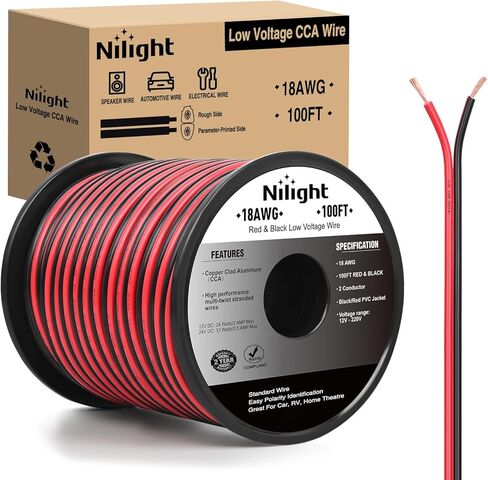 Nilight 100FT 18AWG سلك ألومنيوم مغطى بالنحاس 18/2 قياس أحمر أسود CCA كابل كهربائي 2 موصل متوازي 12 فولت/24 فولت تيار مستمر أسلاك تمديد مرنة لمكبر صوت راديو السيارة الصوتي، ضمان لمدة عامين in Kuwait