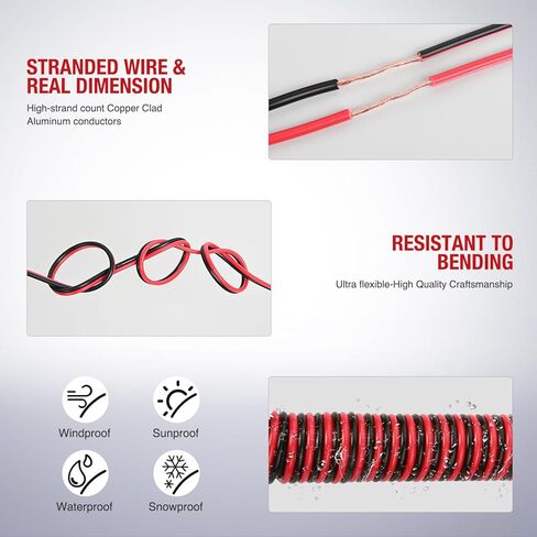 Nilight 100FT 18AWG سلك ألومنيوم مغطى بالنحاس 18/2 قياس أحمر أسود CCA كابل كهربائي 2 موصل متوازي 12 فولت/24 فولت تيار مستمر أسلاك تمديد مرنة لمكبر صوت راديو السيارة الصوتي، ضمان لمدة عامين in Kuwait