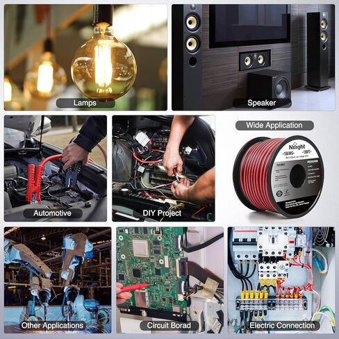 Nilight 100FT 18AWG سلك ألومنيوم مغطى بالنحاس 18/2 قياس أحمر أسود CCA كابل كهربائي 2 موصل متوازي 12 فولت/24 فولت تيار مستمر أسلاك تمديد مرنة لمكبر صوت راديو السيارة الصوتي، ضمان لمدة عامين in Kuwait