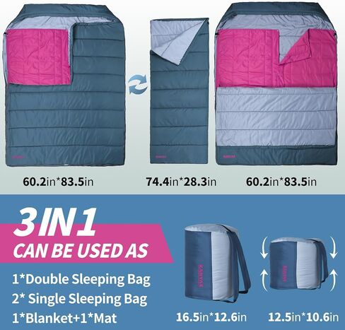 3 in 1 Use Double Sleeping Bag, Queen Size Sleeping Bag with 2 Pillows, Waterproof Sleeping Bag for Camping, Backpacking or Hiking, All Season 2 Person Sleeping Bag for Adults or Teens… in Saudi Arabia