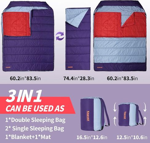 3 in 1 Use Double Sleeping Bag, Queen Size Sleeping Bag with 2 Pillows, Waterproof Sleeping Bag for Camping, Backpacking or Hiking, All Season 2 Person Sleeping Bag for Adults or Teens… in Saudi Arabia