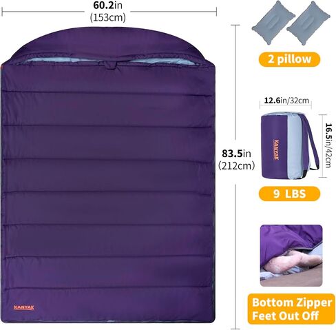 3 in 1 Use Double Sleeping Bag, Queen Size Sleeping Bag with 2 Pillows, Waterproof Sleeping Bag for Camping, Backpacking or Hiking, All Season 2 Person Sleeping Bag for Adults or Teens… in Saudi Arabia