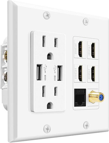صندوق مخرج الوسائط المتعددة TNP - منفذ حائط HDMI محوري إيثرنت مع شحن USB، شاحن لوحة حائط USB ومخرج طاقة 15 أمبير، 4 منافذ HDMI، 1 منفذ إيثرنت Cat6 RJ45، منفذ كابل محوري، مقبس كيستون in Saudi Arabia
